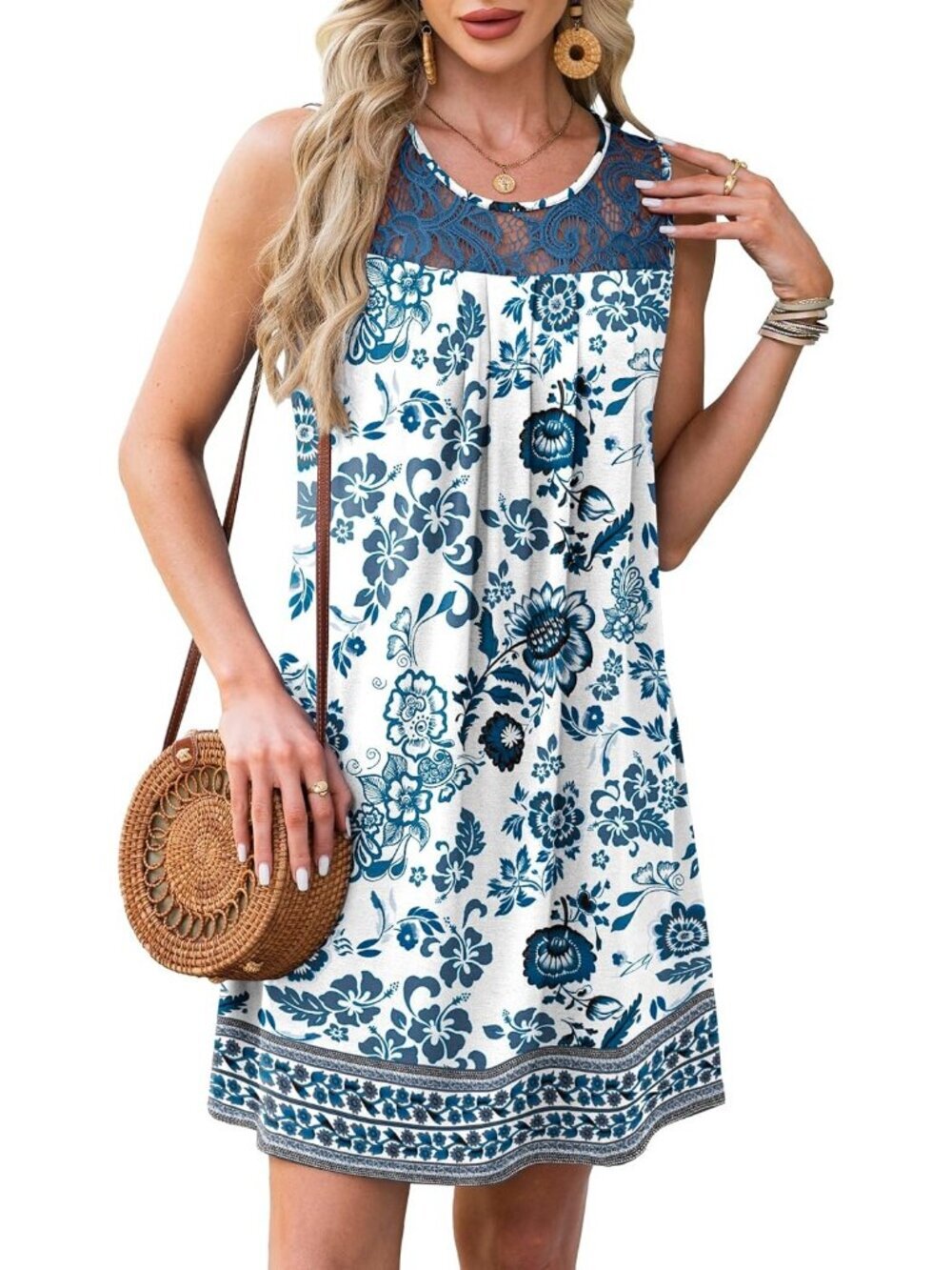 Women's Floral Blue Cover Up Sleeveless Summer Lace Crewneck Sundress Mini Dress - Picture 4 of 5